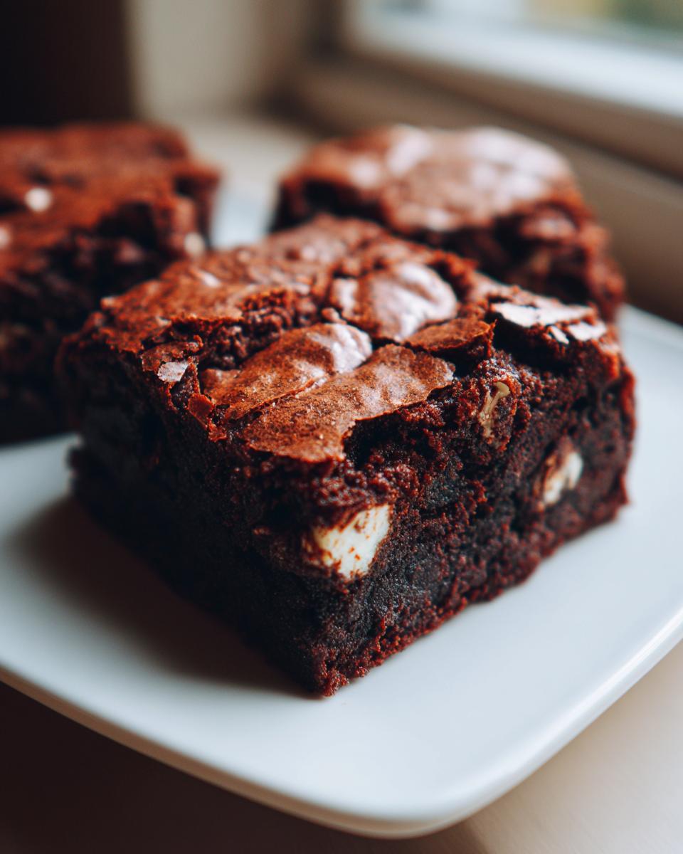 Close-up of a fudgy oreo brownie square showing a dense, dark interior and white chunks, likely from the Oreo filling.