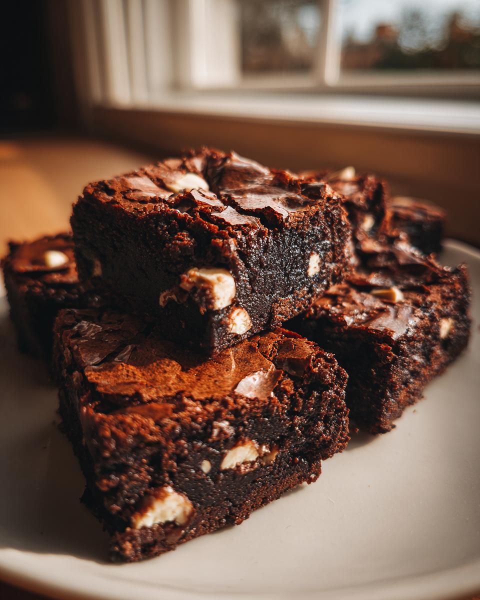 Close-up of fudgy oreo brownies stacked on a plate, showing white chunks inside.