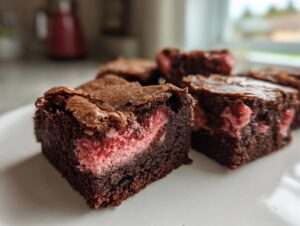A close-up of fudgy chocolate strawberry brownies featuring a bright pink, creamy strawberry center layer.