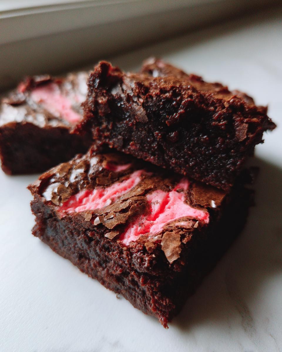 Close-up of fudgy strawberry brownies with bright pink strawberry swirl topping.