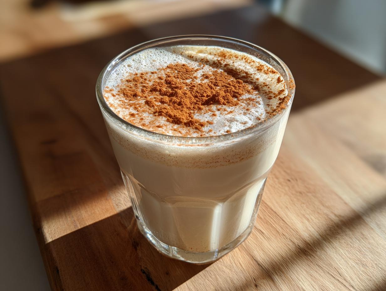 A glass of creamy, white coquito recipe drink garnished generously with ground cinnamon on top.