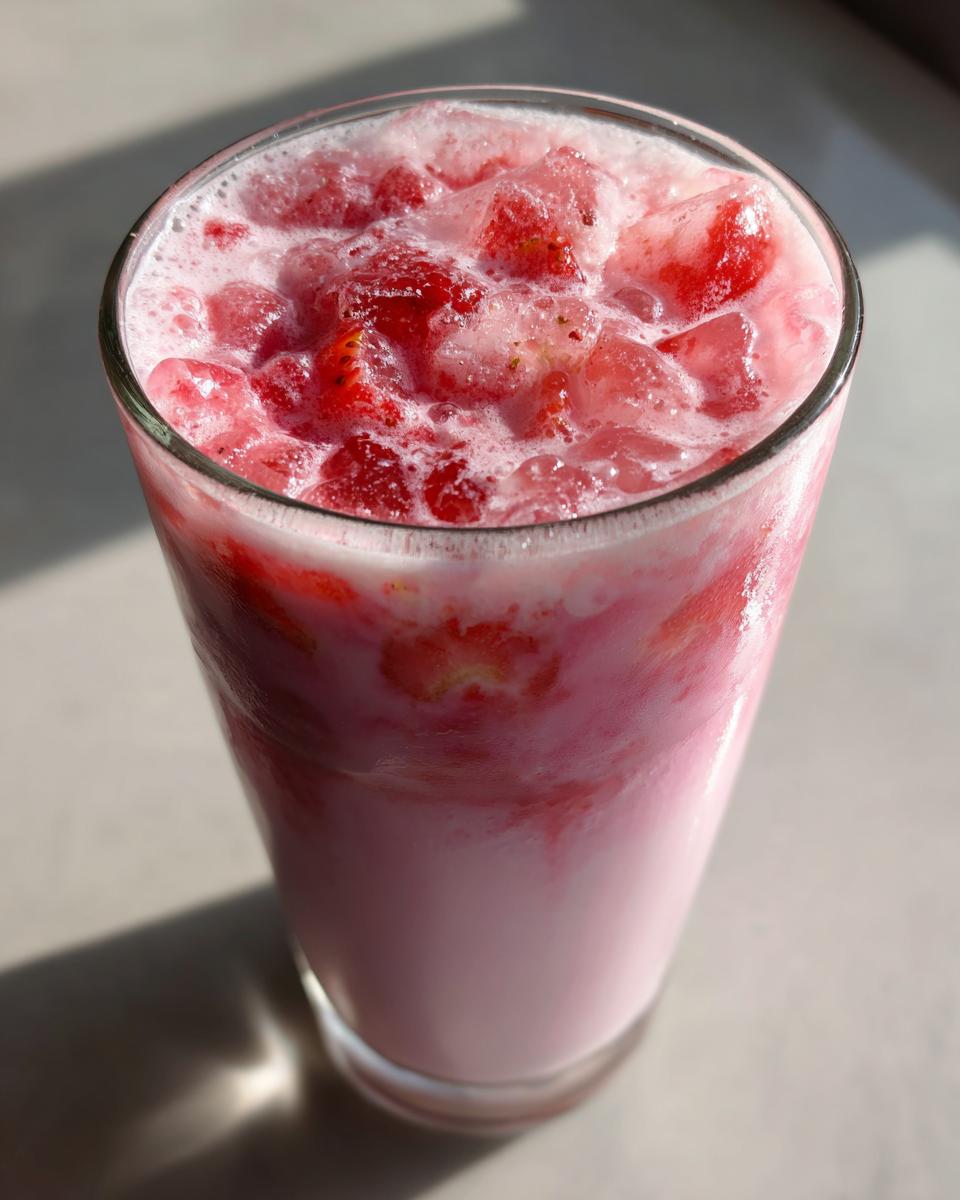 Close-up of a tall glass filled with homemade strawberry milk, topped with crushed strawberries and ice.
