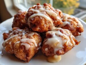 A close-up of several golden brown apple fritter mounds drizzled heavily with white vanilla glaze.