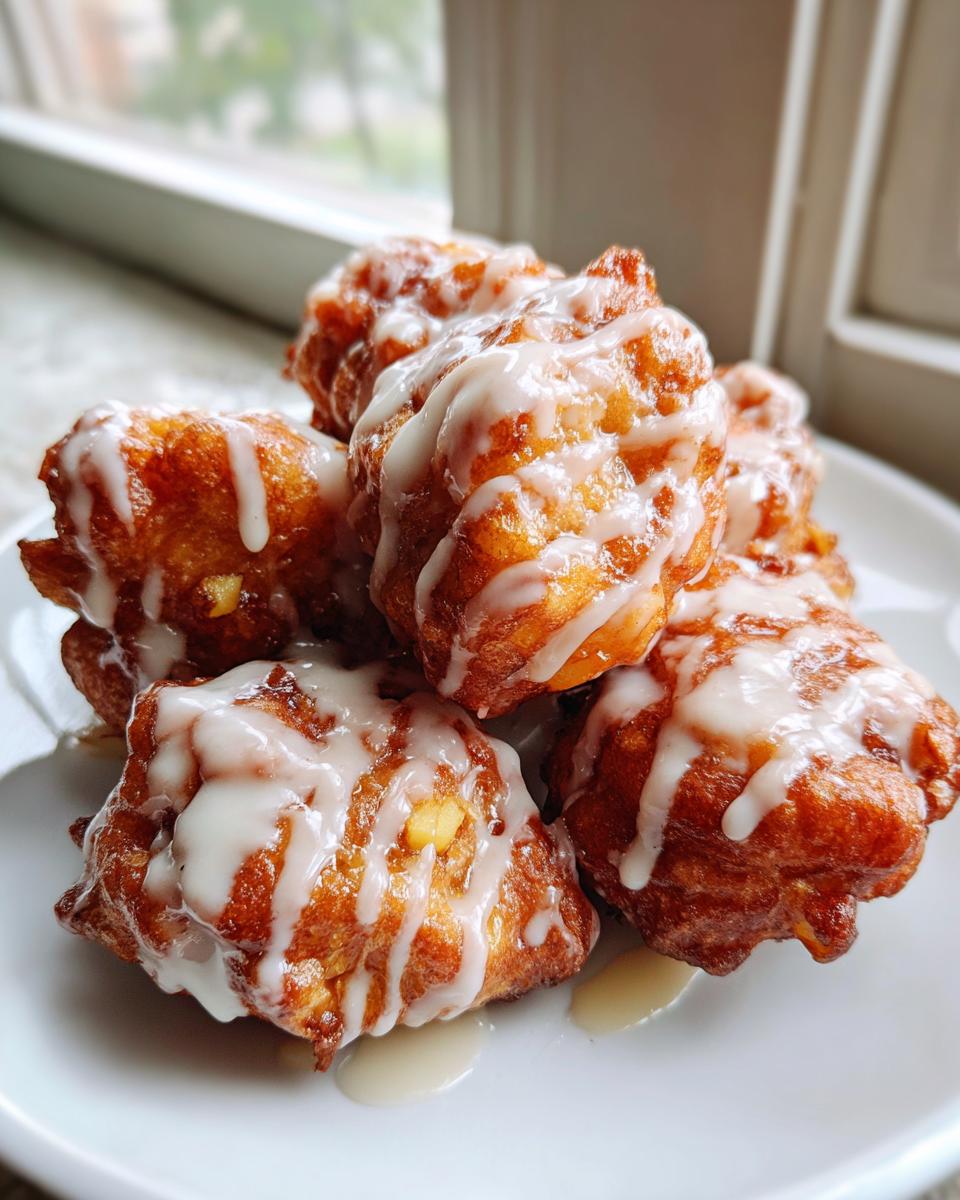 Close-up of a stack of golden brown, freshly fried apple fritter pieces drizzled generously with white vanilla glaze.