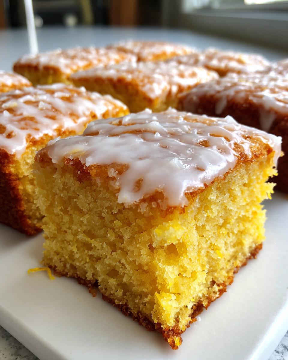 A close-up view of a moist, yellow lemon brownies slice topped with thick white lemon glaze.