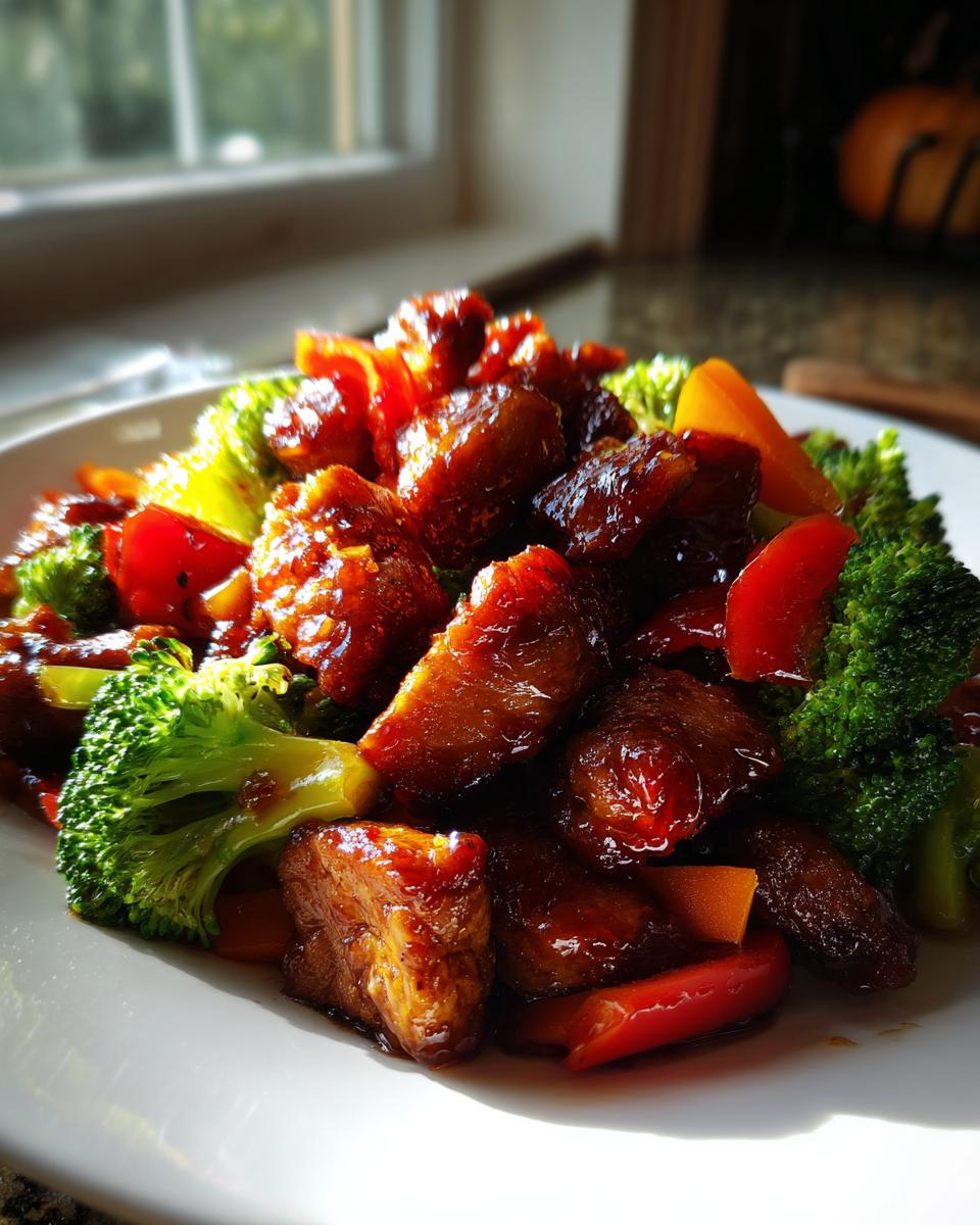 Close-up of glossy, saucy honey garlic chicken stir fry mixed with bright green broccoli and red peppers.