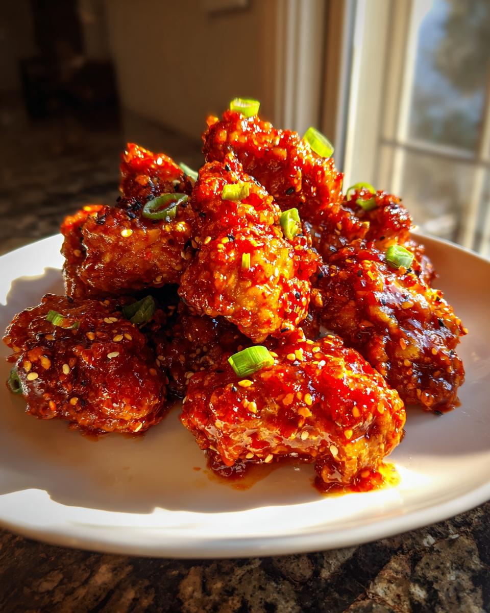 A plate piled high with crispy Korean fried chicken coated in a thick, glossy red sauce, garnished with sesame seeds and green onions.