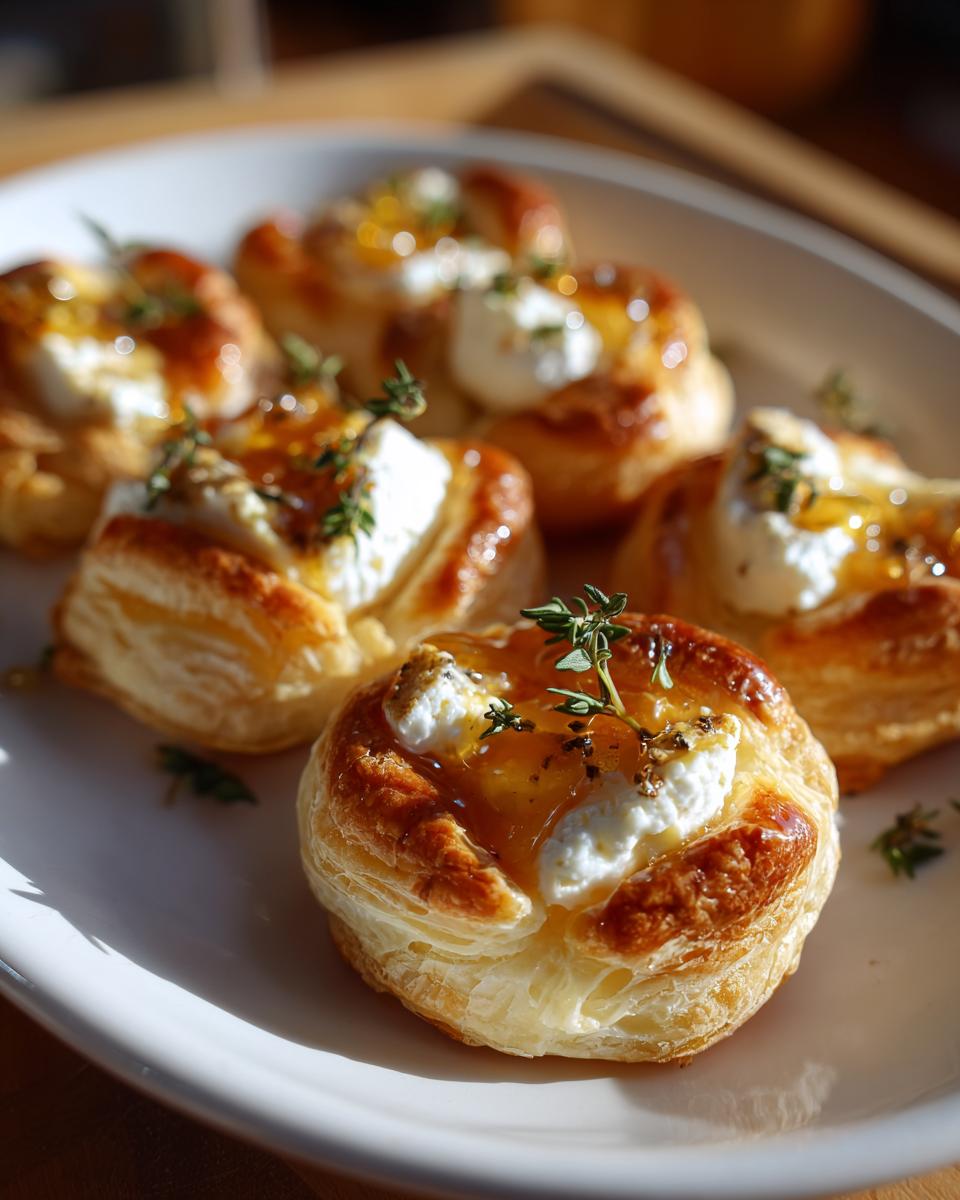 Close-up of flaky puff pastry goat cheese and honey bites drizzled with honey and topped with thyme.