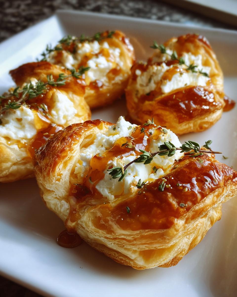 Close-up of four golden puff pastry goat cheese and honey bites drizzled with honey and topped with thyme.