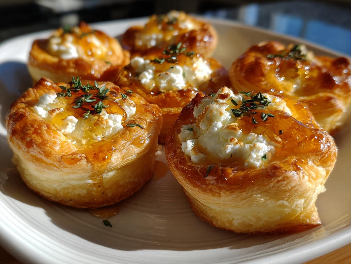 Close-up of flaky puff pastry goat cheese and honey bites drizzled with honey and topped with thyme.