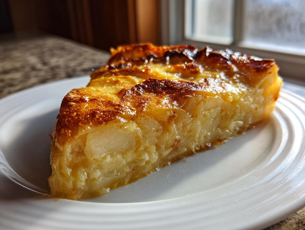 A thick, golden-brown slice of creamy scalloped potatoes served on a white plate.