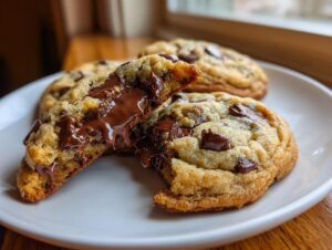Close-up of a warm chocolate chip cookie broken in half, showing melted, gooey chocolate chips.