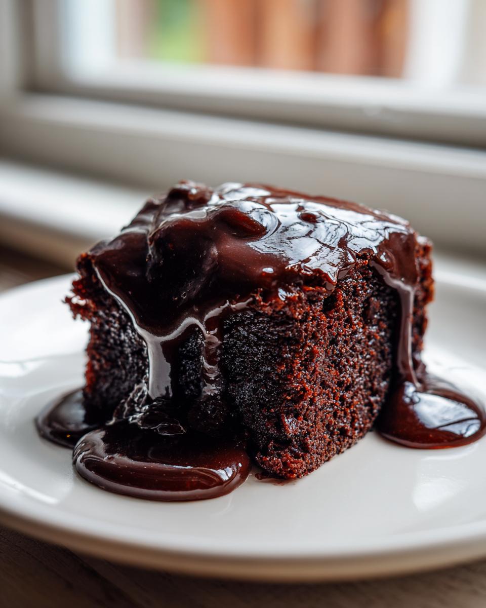A close-up of a rich, dark slice of chocolate pudding cake smothered in glossy chocolate sauce.