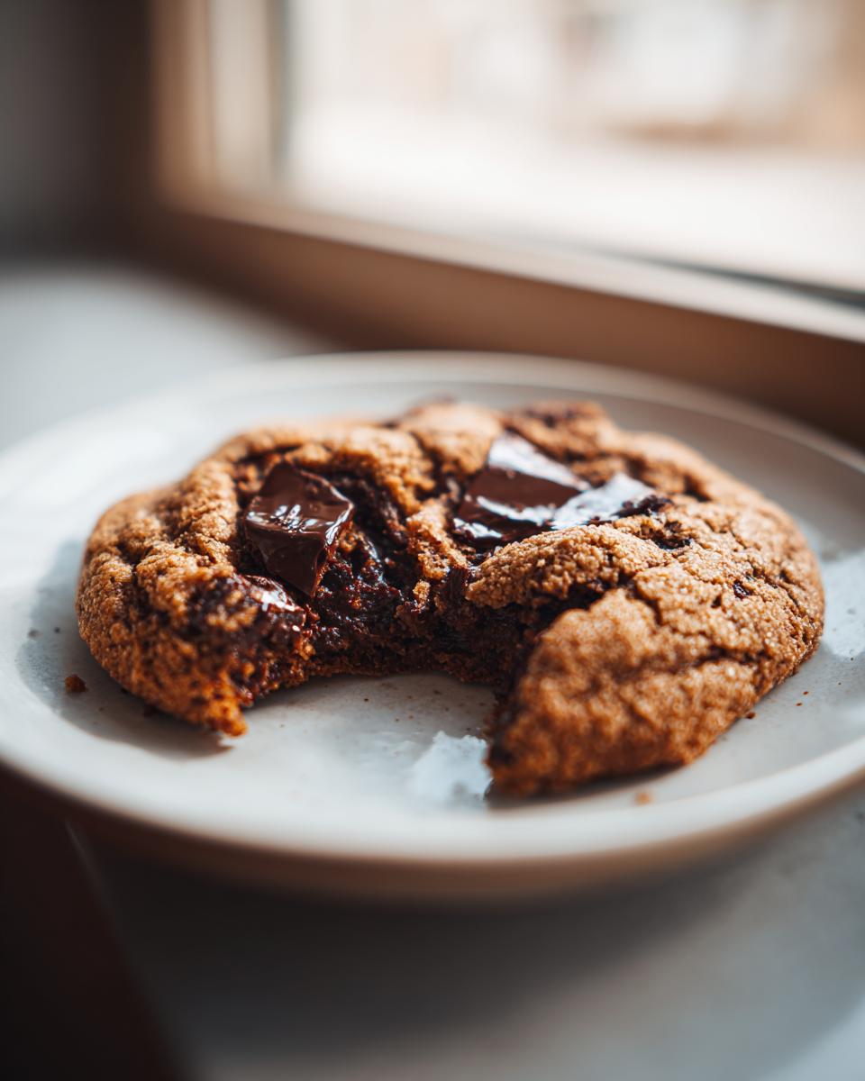 A close-up of a vegan chocolate chip cookie with a bite taken out, showing gooey, melted chocolate chunks.