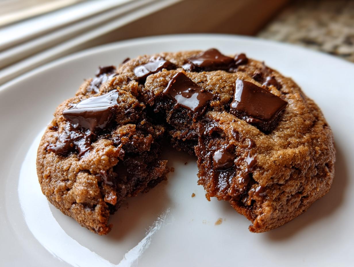 Close-up of a warm, gooey vegan chocolate chip cookie broken in half on a white plate, showing melted chocolate.