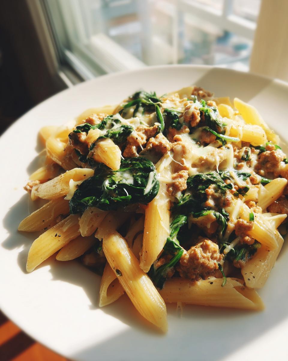 Close-up of a serving of ground turkey pasta mixed with wilted spinach and melted cheese on a white plate.