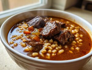 Close-up of a steaming white bowl filled with rich, dark broth, tender beef chunks, and plump barley in this amazing beef barley soup.