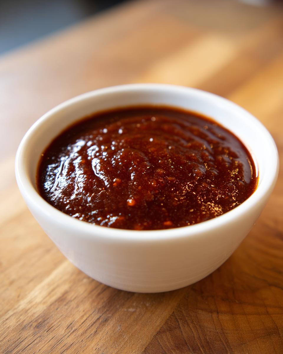 Close-up of thick, dark homemade bbq sauce glistening in a small white bowl on a wooden surface.