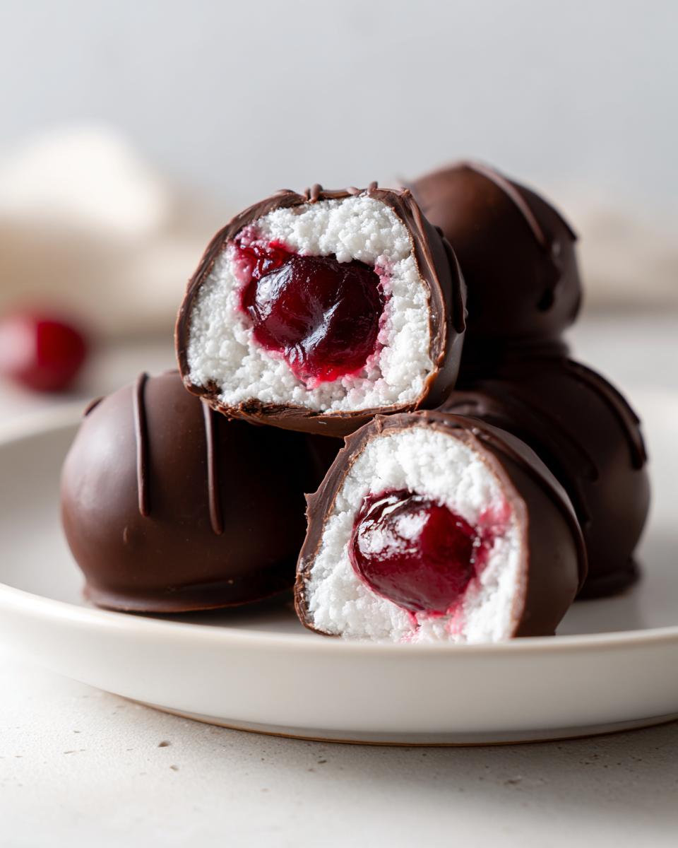 Close-up of homemade chocolate covered cherries, showing the white coconut center and juicy cherry filling.