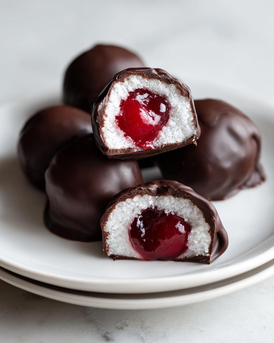 Close-up of homemade chocolate covered cherries, one cut in half showing the white fondant and bright red cherry center.