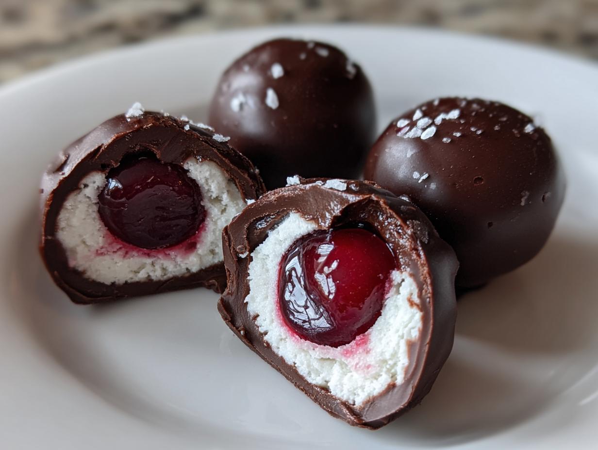Close-up of homemade chocolate covered cherries, one cut open showing the cherry center and white filling.