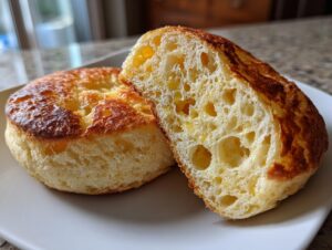 A homemade English muffin cut in half, showing the signature nooks and crannies texture inside.