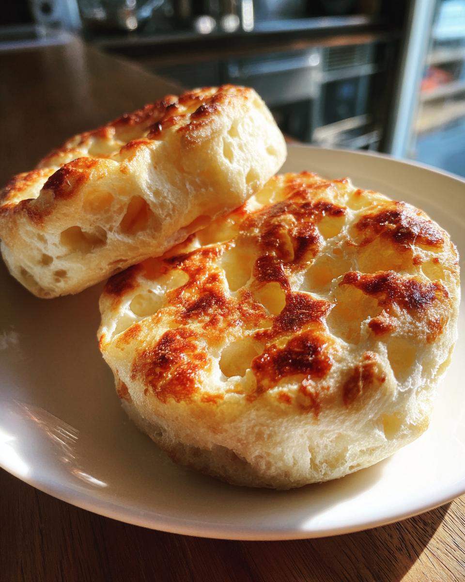 Two freshly cooked homemade english muffins with characteristic holes and browned tops resting on a white plate.