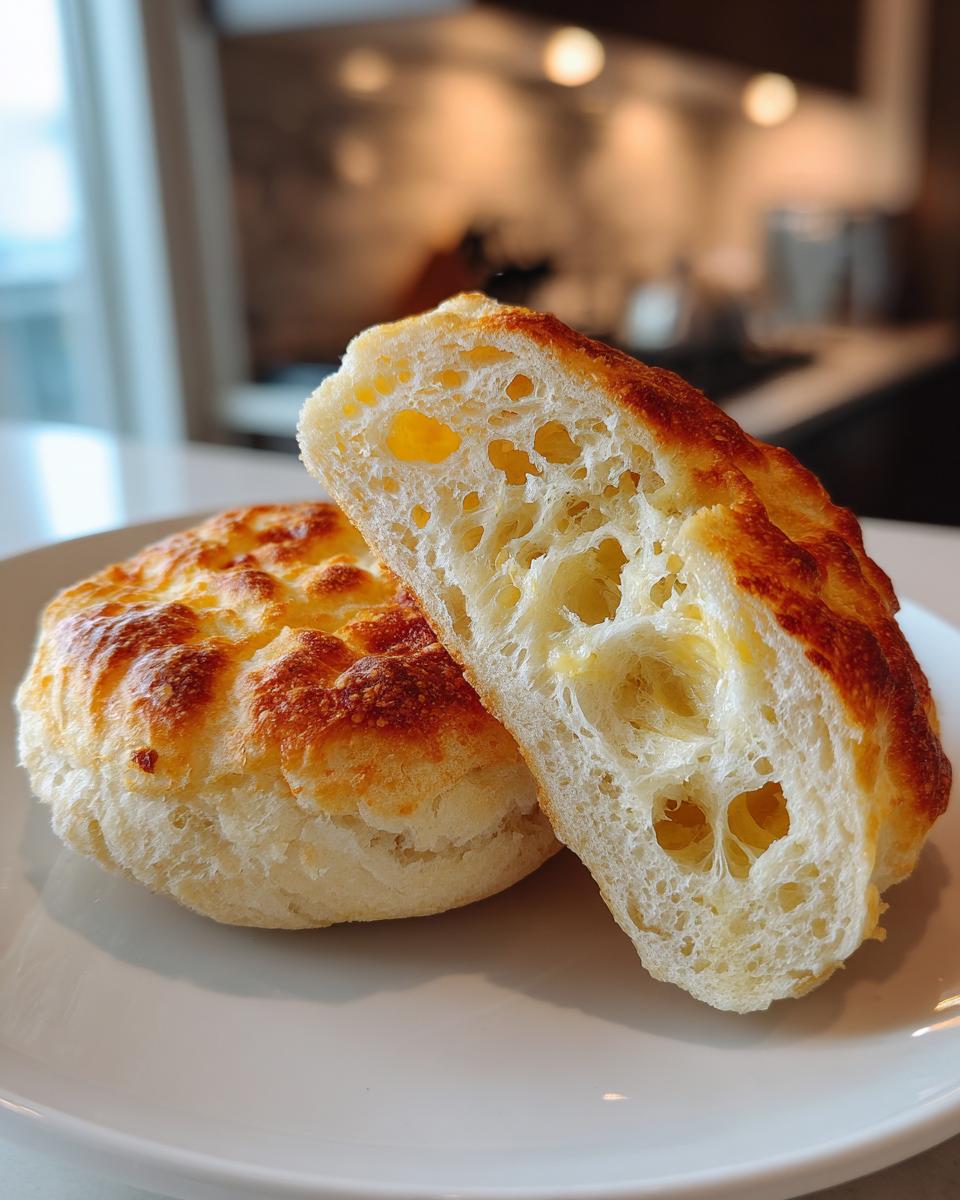 A homemade English muffin sliced in half showing its airy, open crumb structure and golden top.