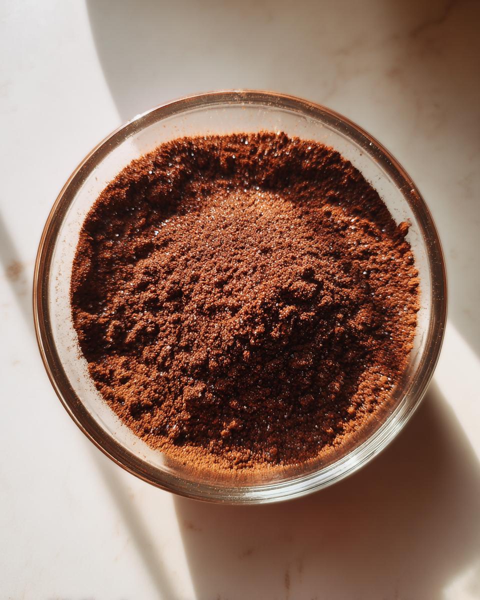 Overhead view of rich, brown hot cocoa mix powder filling a small glass bowl.