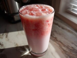 A tall glass filled with homemade strawberry milk, layered pink and red, topped with crushed ice.
