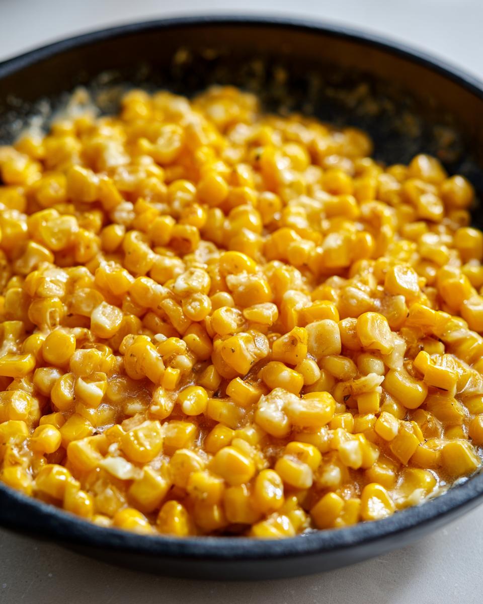 Close-up of bright yellow, glossy honey butter corn kernels simmering in a dark skillet.