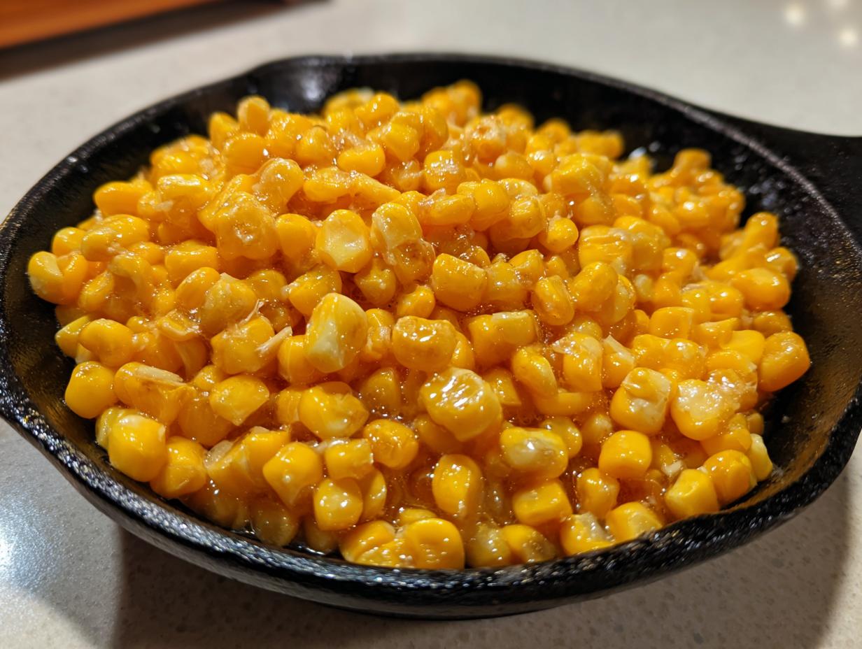 Close-up of bright yellow honey butter corn kernels glistening in a small black serving dish.