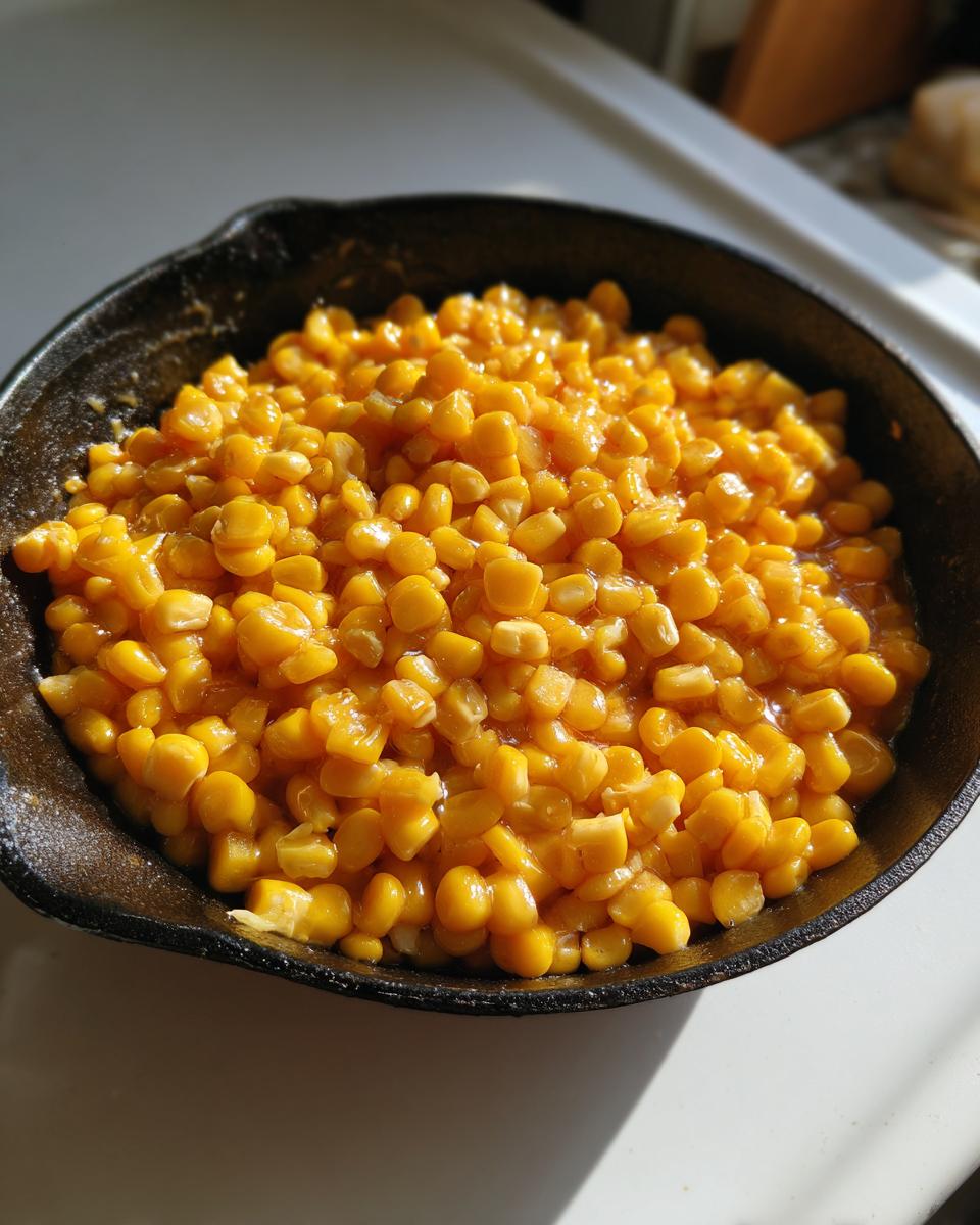 Close-up of sweet, glazed corn kernels coated in honey butter, served in a small black cast iron skillet.