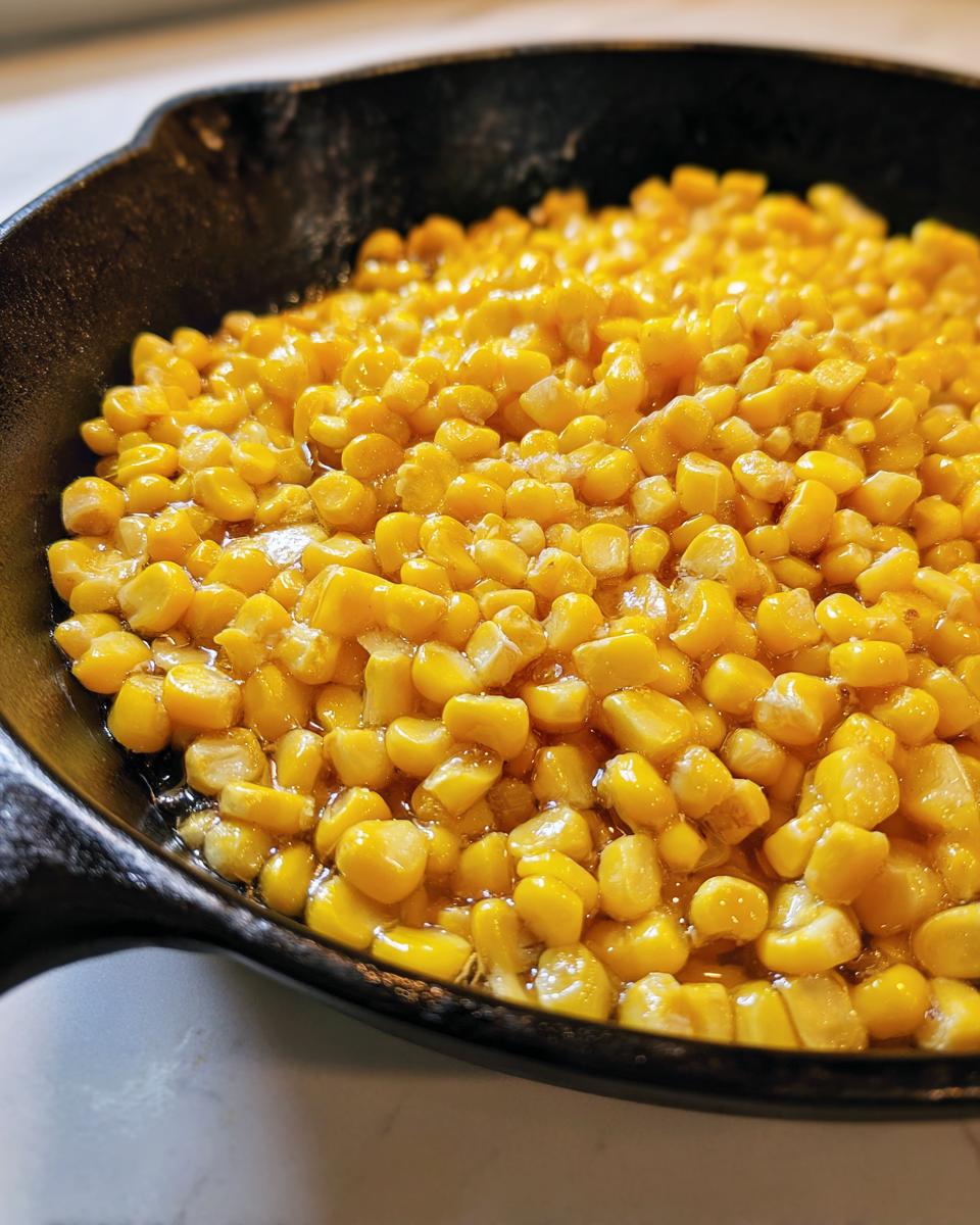 Close-up of bright yellow corn kernels coated in honey butter cooking in a black cast iron skillet.
