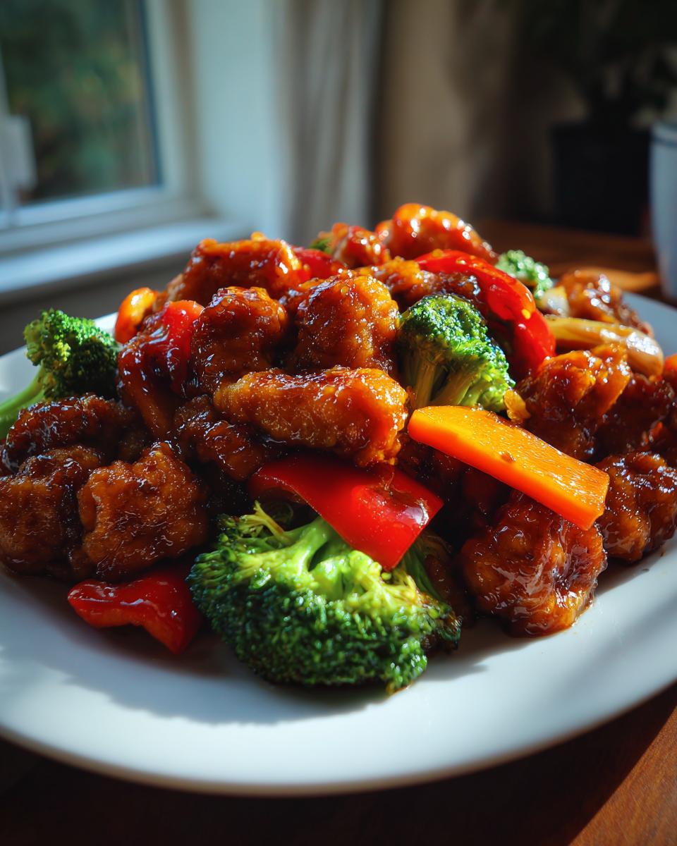 Close-up of glossy honey garlic chicken stir fry mixed with bright green broccoli and red peppers.