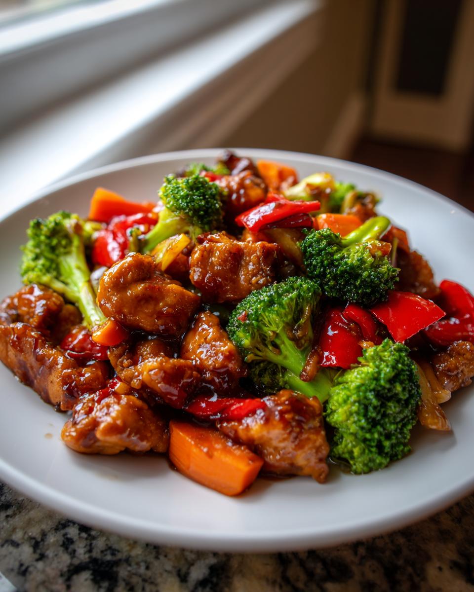 Close-up of glistening honey garlic chicken stir fry mixed with bright broccoli florets and red peppers on a white plate.