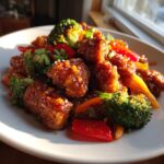 Close-up of crispy chicken pieces coated in glossy sauce in a honey garlic chicken stir fry with broccoli and red peppers.