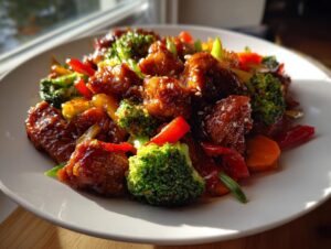 Close-up of glossy honey garlic chicken stir fry with bright green broccoli florets and red peppers on a white plate.