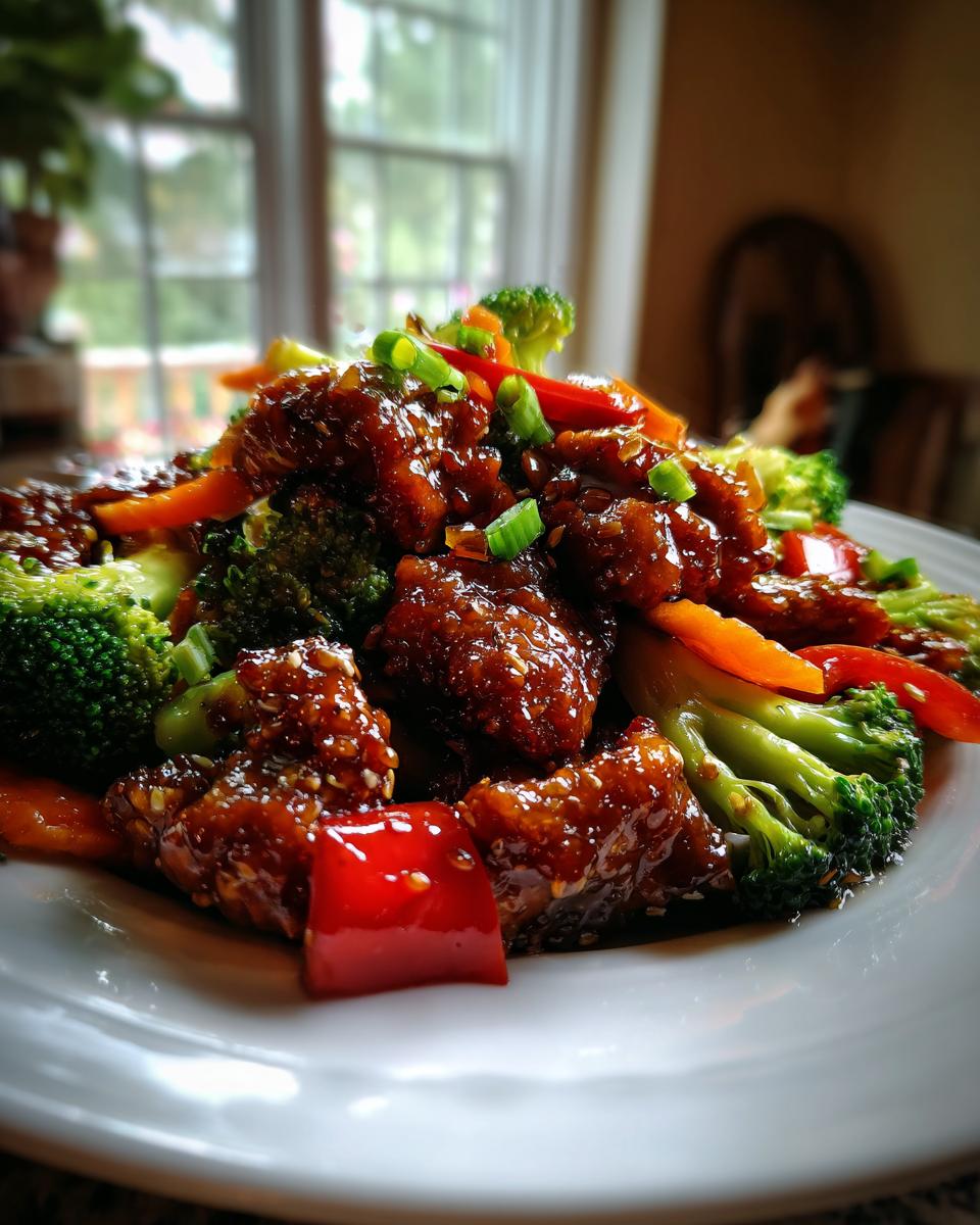 Close-up of glossy honey garlic chicken stir fry with bright broccoli and red peppers on a white plate.