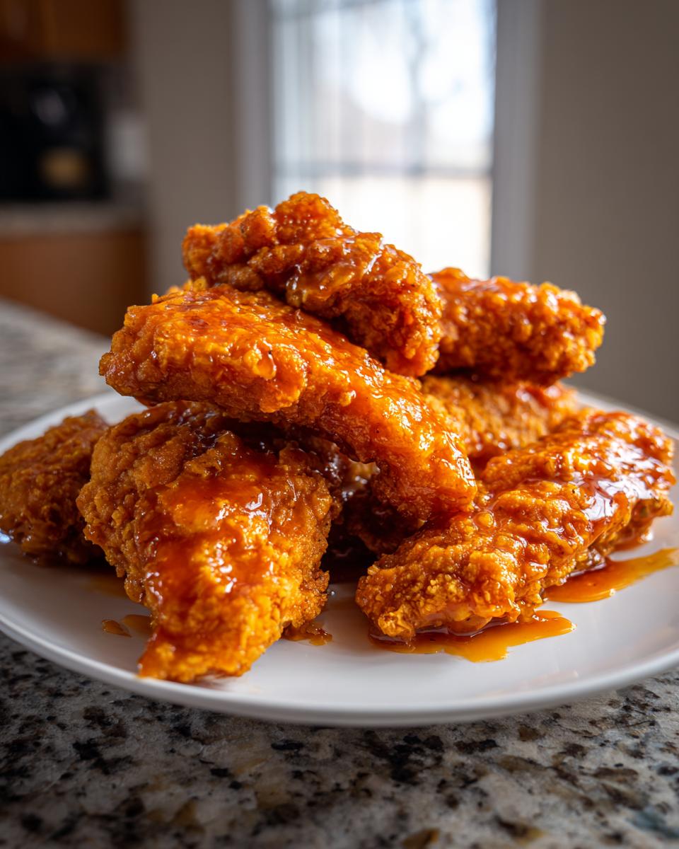 A stack of crispy, golden-brown hot honey chicken tenders generously coated in a shiny, orange glaze.