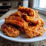 A pile of crispy, golden-brown hot honey chicken tenders coated in a shiny, sticky glaze, served on a white plate.