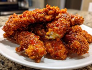 A close-up of crispy, glazed hot honey chicken tenders piled high on a white plate.