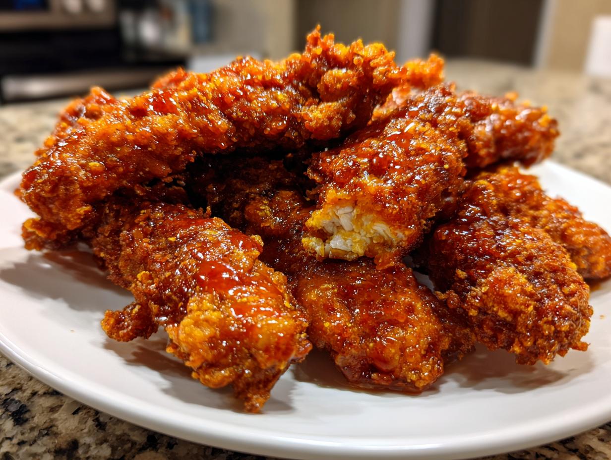A close-up of crispy, glazed hot honey chicken tenders piled high on a white plate.