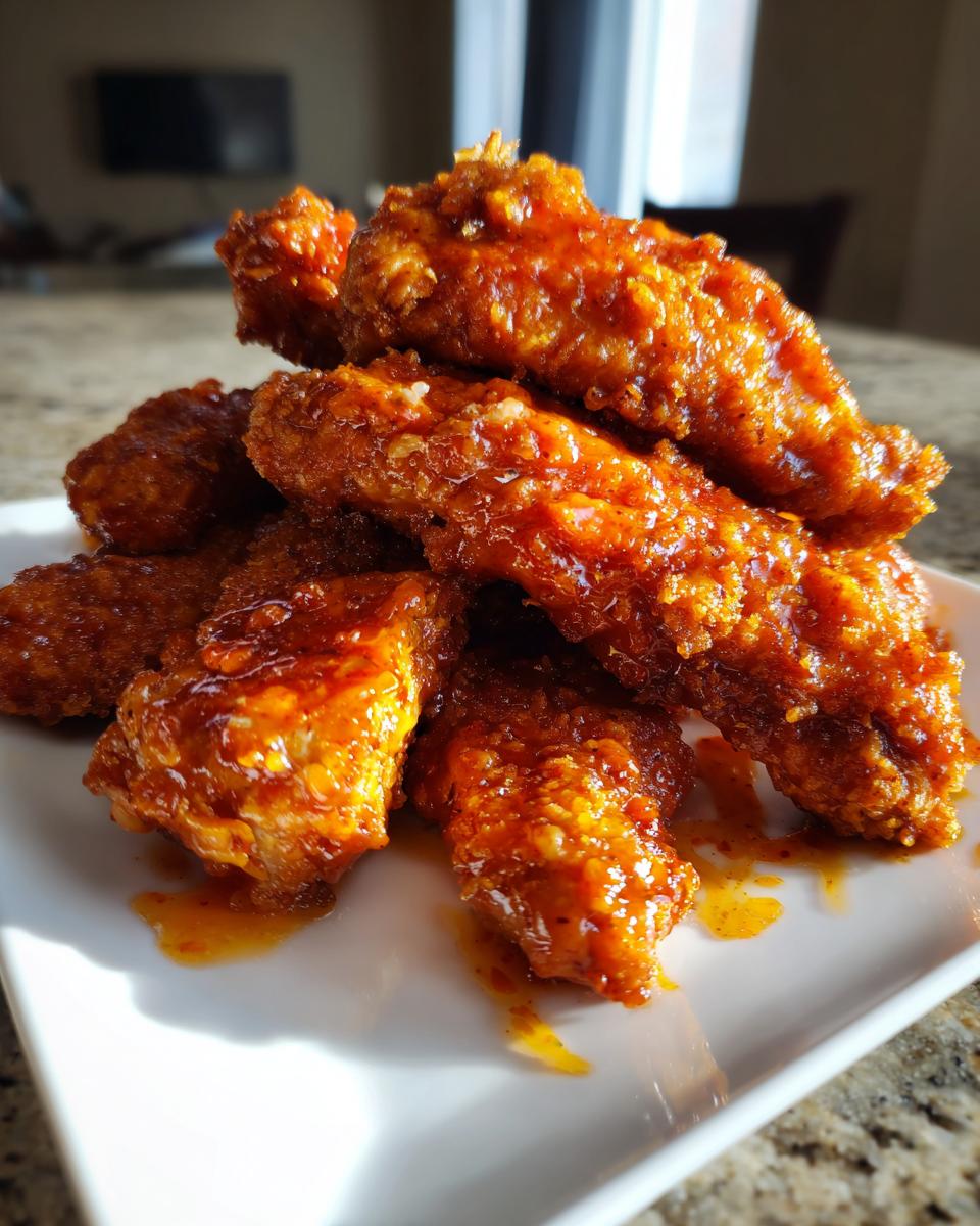 A close-up stack of crispy, glazed hot honey chicken tenders piled on a white rectangular plate.