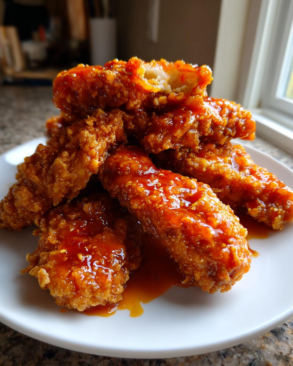 A stack of crispy, golden hot honey chicken tenders generously coated in a shiny, orange-red glaze.