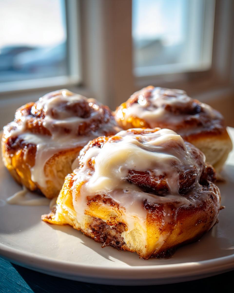 Three gooey, frosted cinnamon buns are displayed on a white plate, with one partially eaten, showing the soft interior.