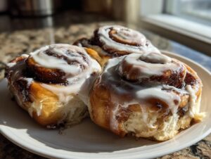 Close-up of three freshly baked cinnamon buns generously topped with white icing, sitting on a white plate.
