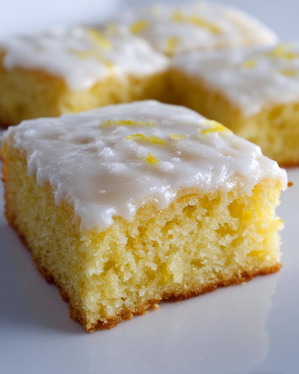 A moist, square piece of bright yellow lemon brownies topped with thick white icing and lemon zest.
