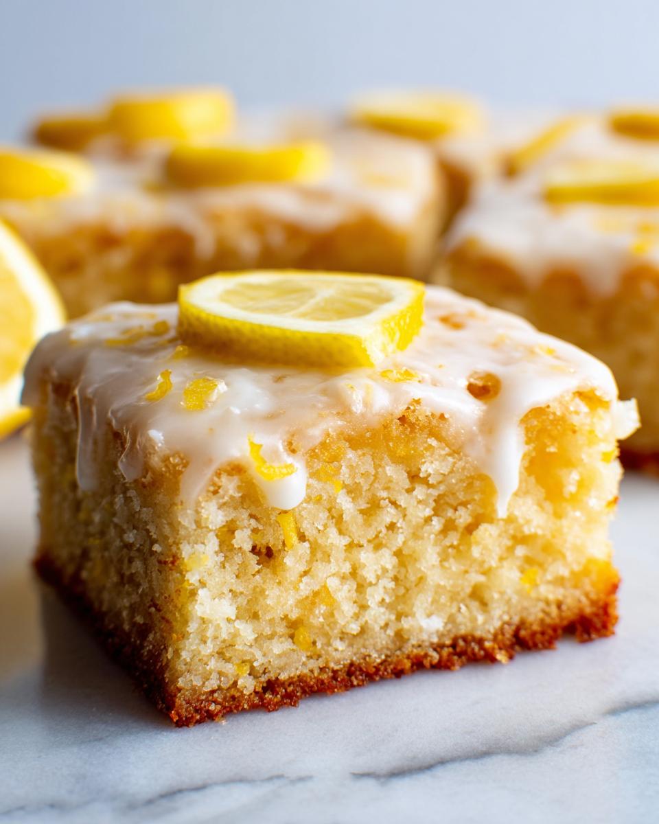 A square slice of moist lemon brownies topped with white glaze, lemon zest, and a thin lemon slice.