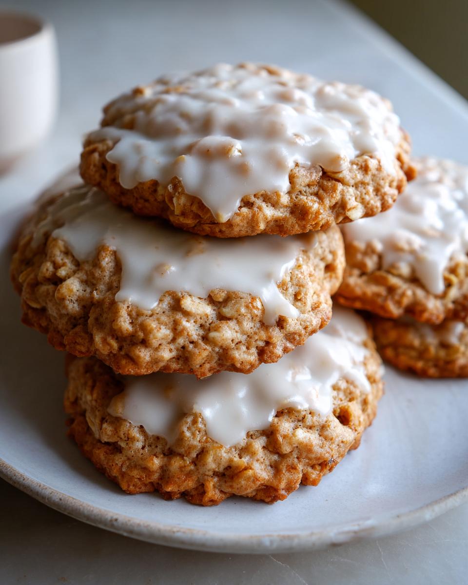 A close-up stack of three chewy iced oatmeal cookies topped with a thick white vanilla glaze.